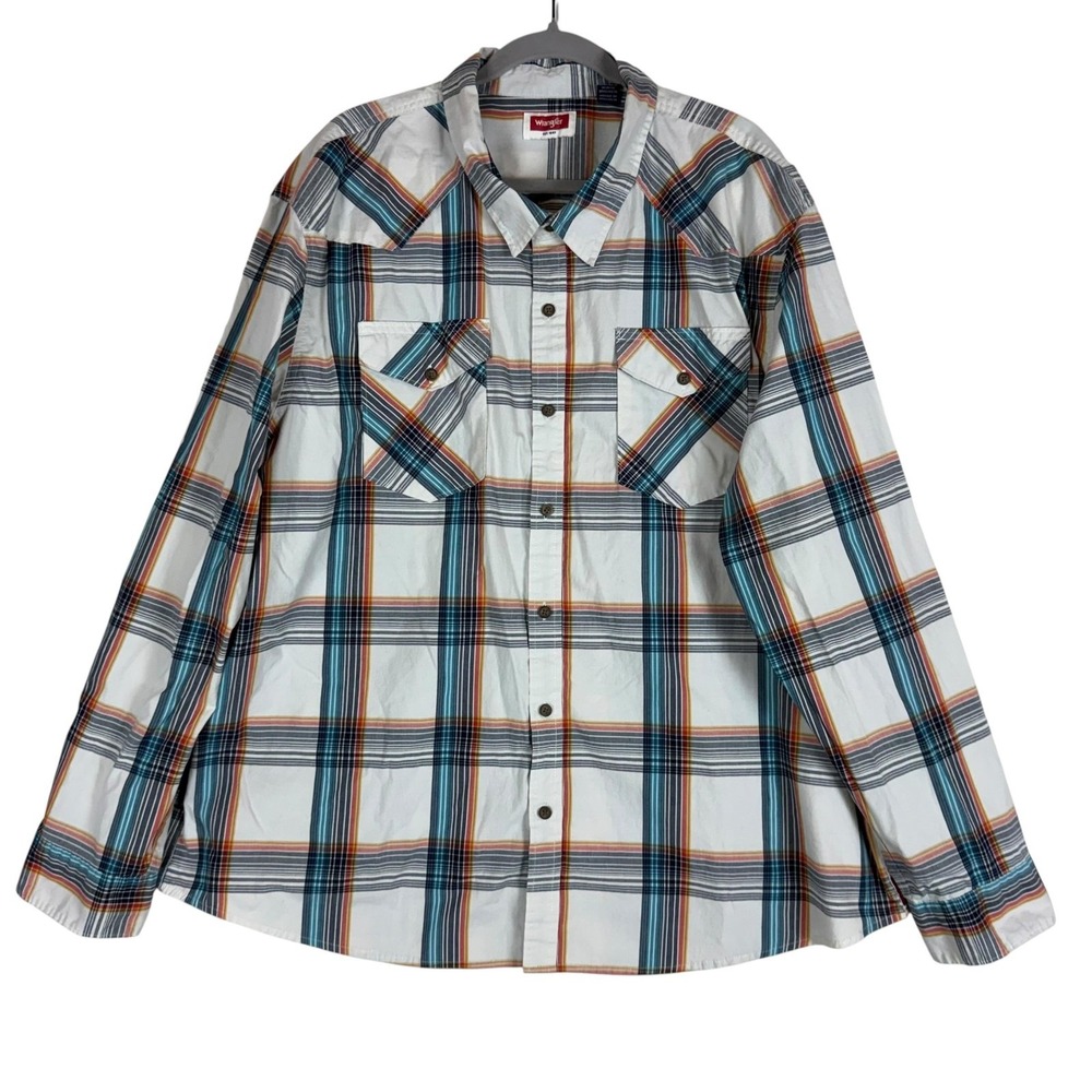 Wrangler Shirt Mens 3XL White Plaid Long Sleeve Button Front Western Casual